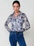 Camisa Mujer Chifón Estampado Floral Manga Larga – Koroshi Azul Marino