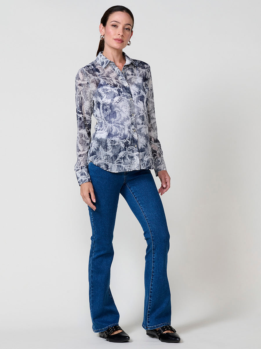 Camisa Mujer Chifón Estampado Floral Manga Larga – Koroshi Azul Marino