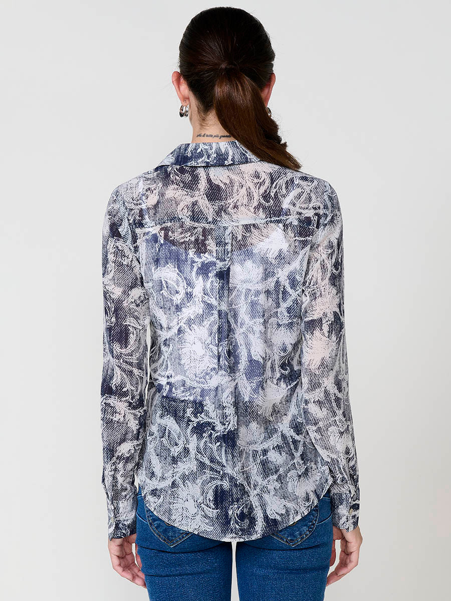 Camisa Mujer Chifón Estampado Floral Manga Larga – Koroshi Azul Marino