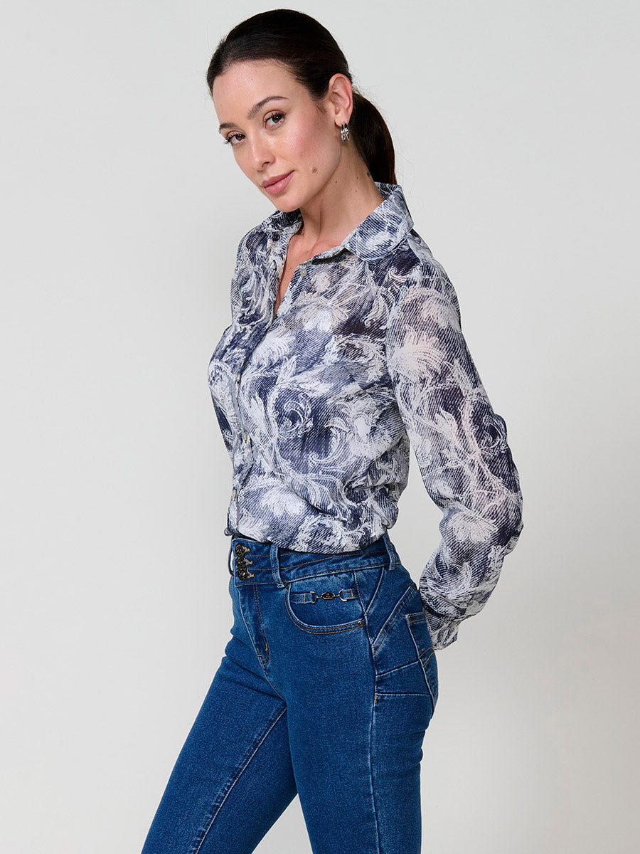 Camisa Mujer Chifón Estampado Floral Manga Larga – Koroshi Azul Marino