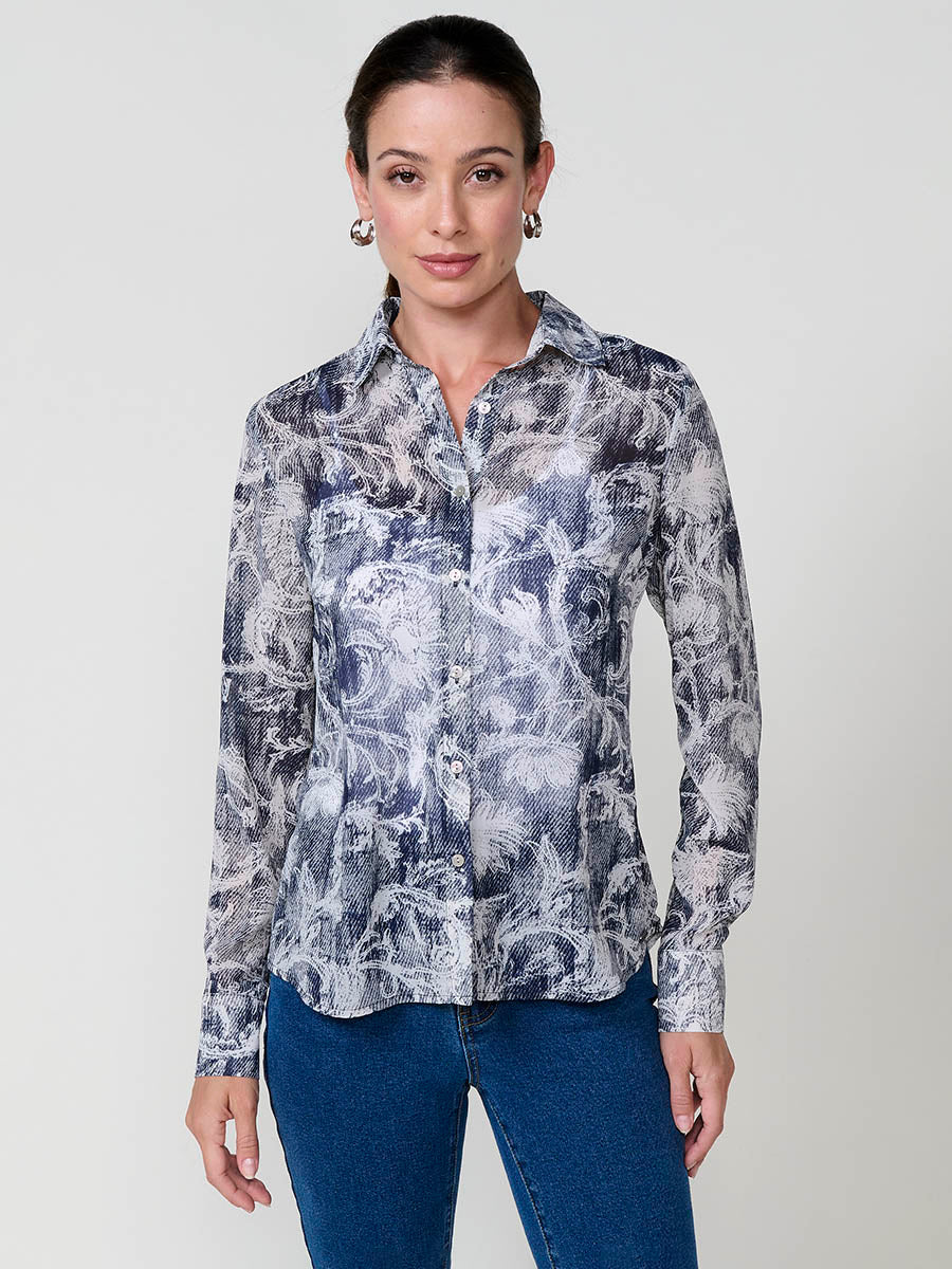 Camisa Mujer Chifón Estampado Floral Manga Larga – Koroshi Azul Marino