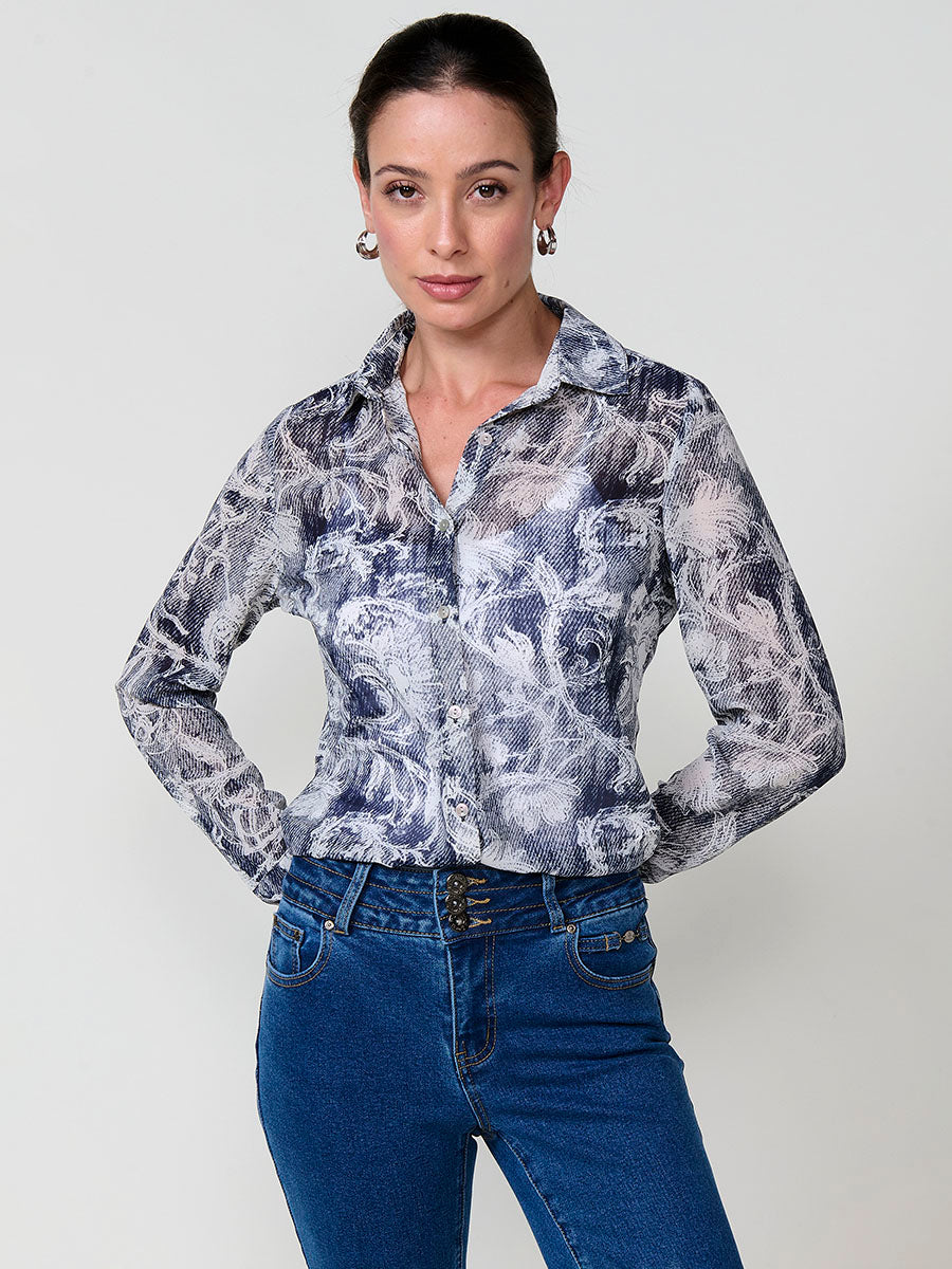 Camisa Mujer Chifón Estampado Floral Manga Larga – Koroshi Azul Marino