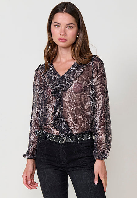 Blusa Mujer Chifón Estampado Serpiente Volantes – Koroshi Negro