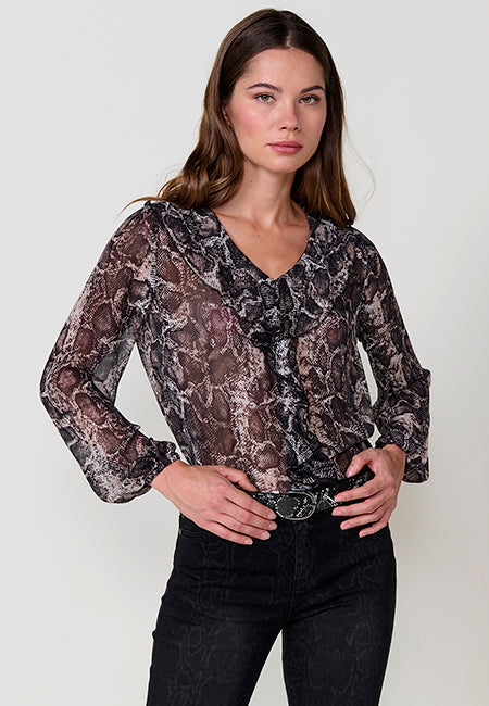 Blusa Mujer Chifón Estampado Serpiente Volantes – Koroshi Negro