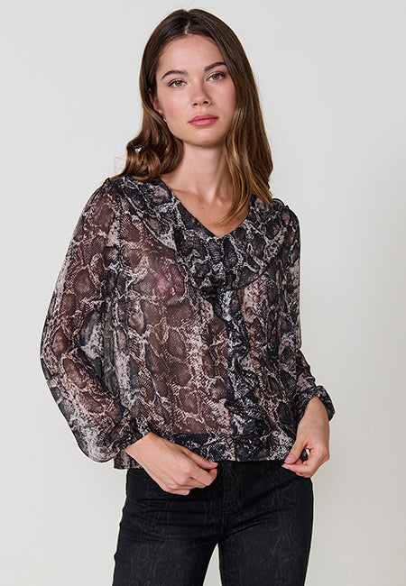 Blusa Mujer Chifón Estampado Serpiente Volantes – Koroshi Negro