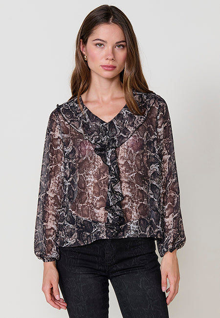 Blusa Mujer Chifón Estampado Serpiente Volantes – Koroshi Negro