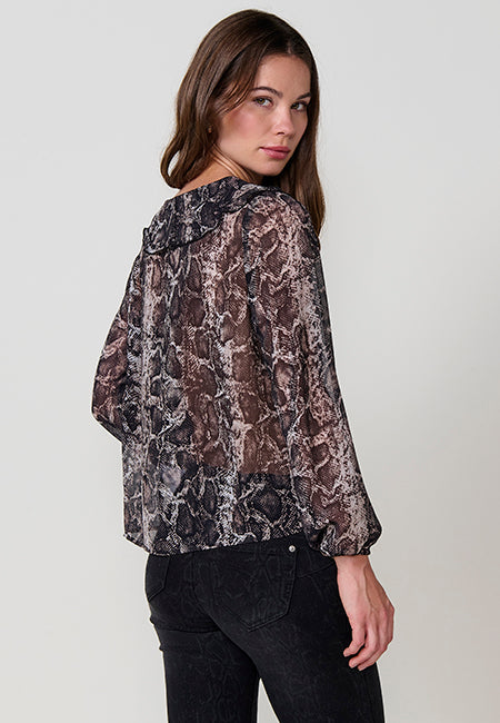 Blusa Mujer Chifón Estampado Serpiente Volantes – Koroshi Negro