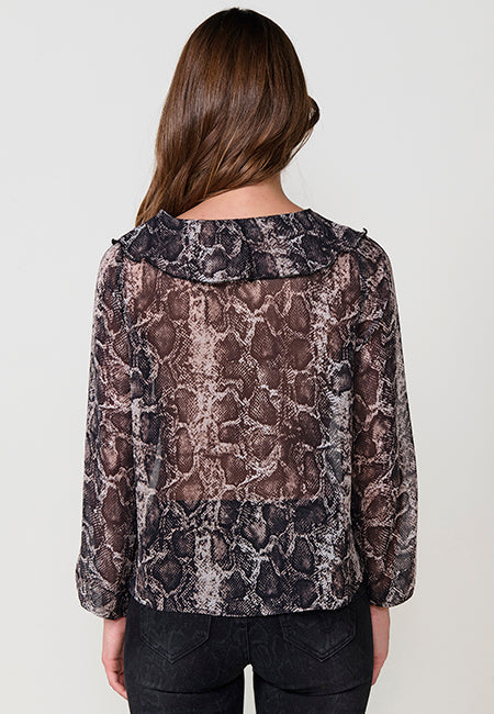 Blusa Mujer Chifón Estampado Serpiente Volantes – Koroshi Negro