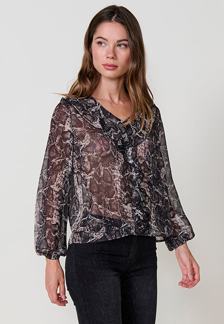 Blusa Mujer Chifón Estampado Serpiente Volantes – Koroshi Negro