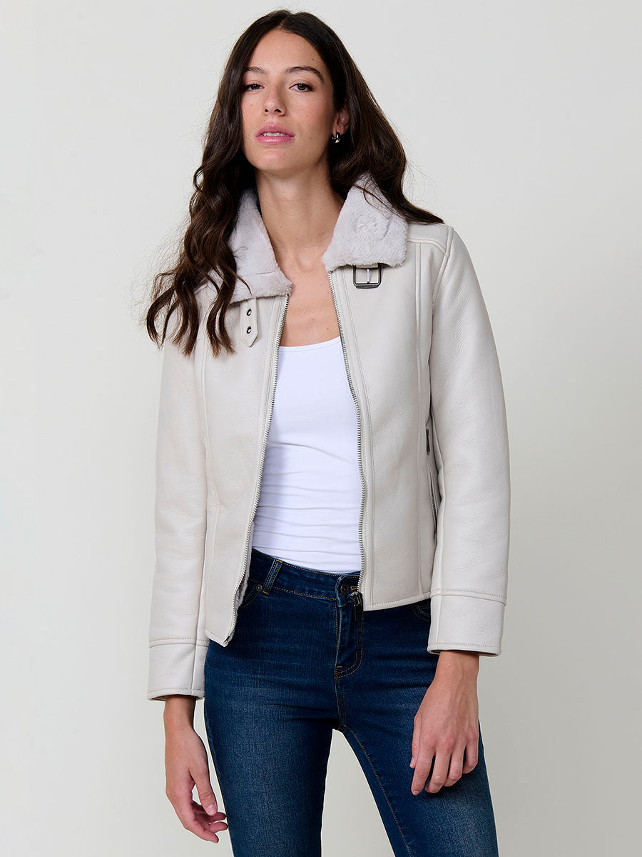 Chaqueta Mujer Doble Faz Efecto Piel con Cuello de Pelo – Koroshi Blanco