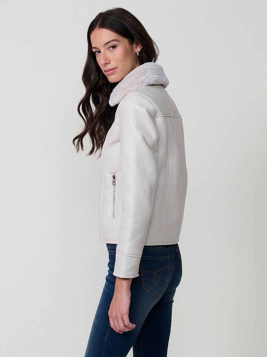 Chaqueta Mujer Doble Faz Efecto Piel con Cuello de Pelo – Koroshi Blanco