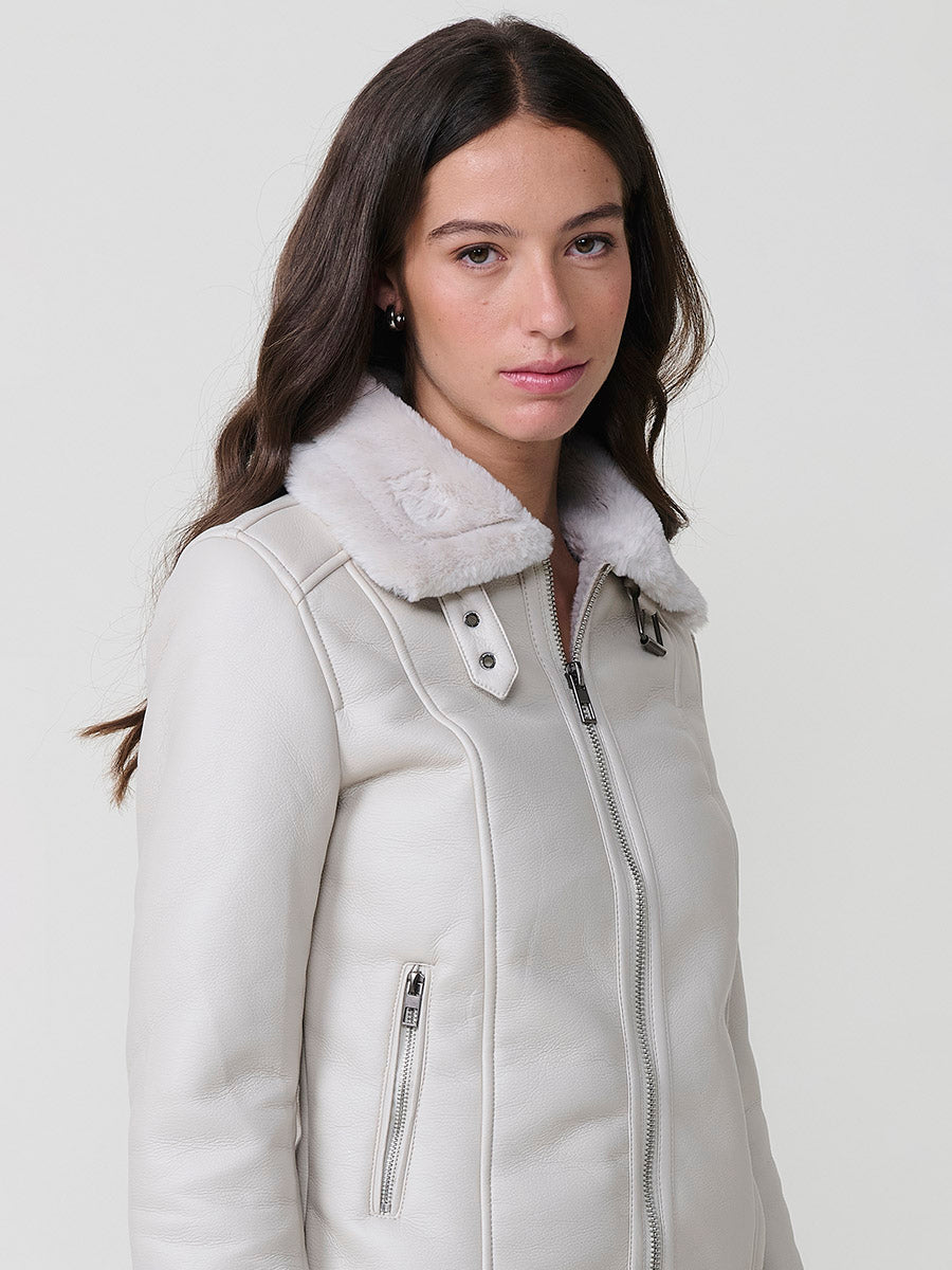 Chaqueta Mujer Doble Faz Efecto Piel con Cuello de Pelo – Koroshi Blanco