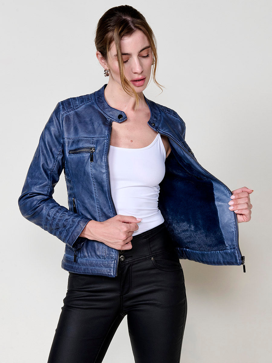 Chaqueta Biker Mujer Efecto Piel Acolchada Cuello Mao – Koroshi 2522JA16