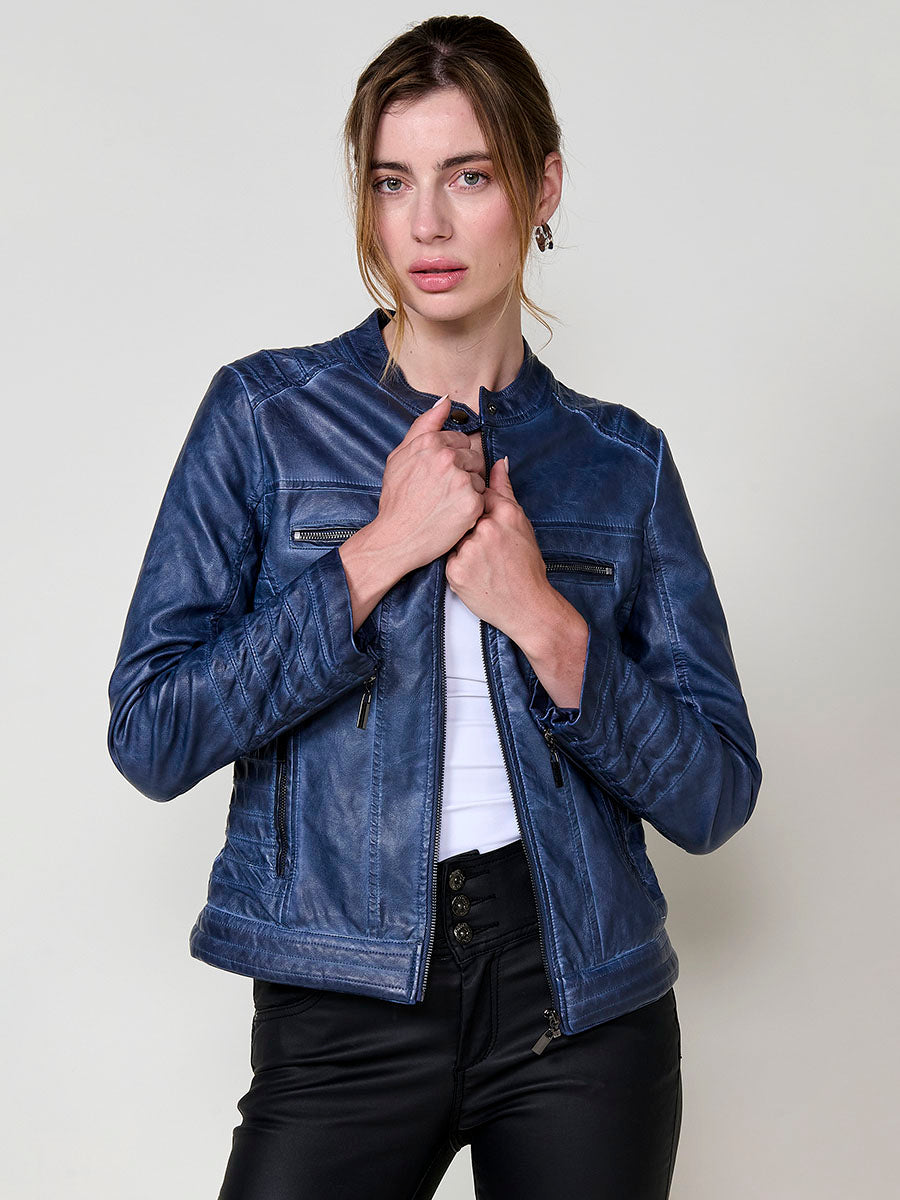 Chaqueta Biker Mujer Efecto Piel Acolchada Cuello Mao – Koroshi 2522JA16