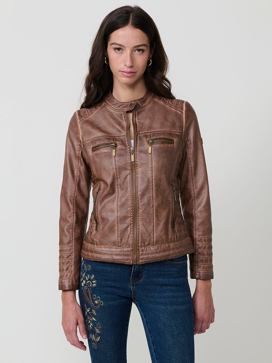 Chaqueta Biker Mujer Efecto Piel Acolchada Cuello Mao – Koroshi 2522JA16