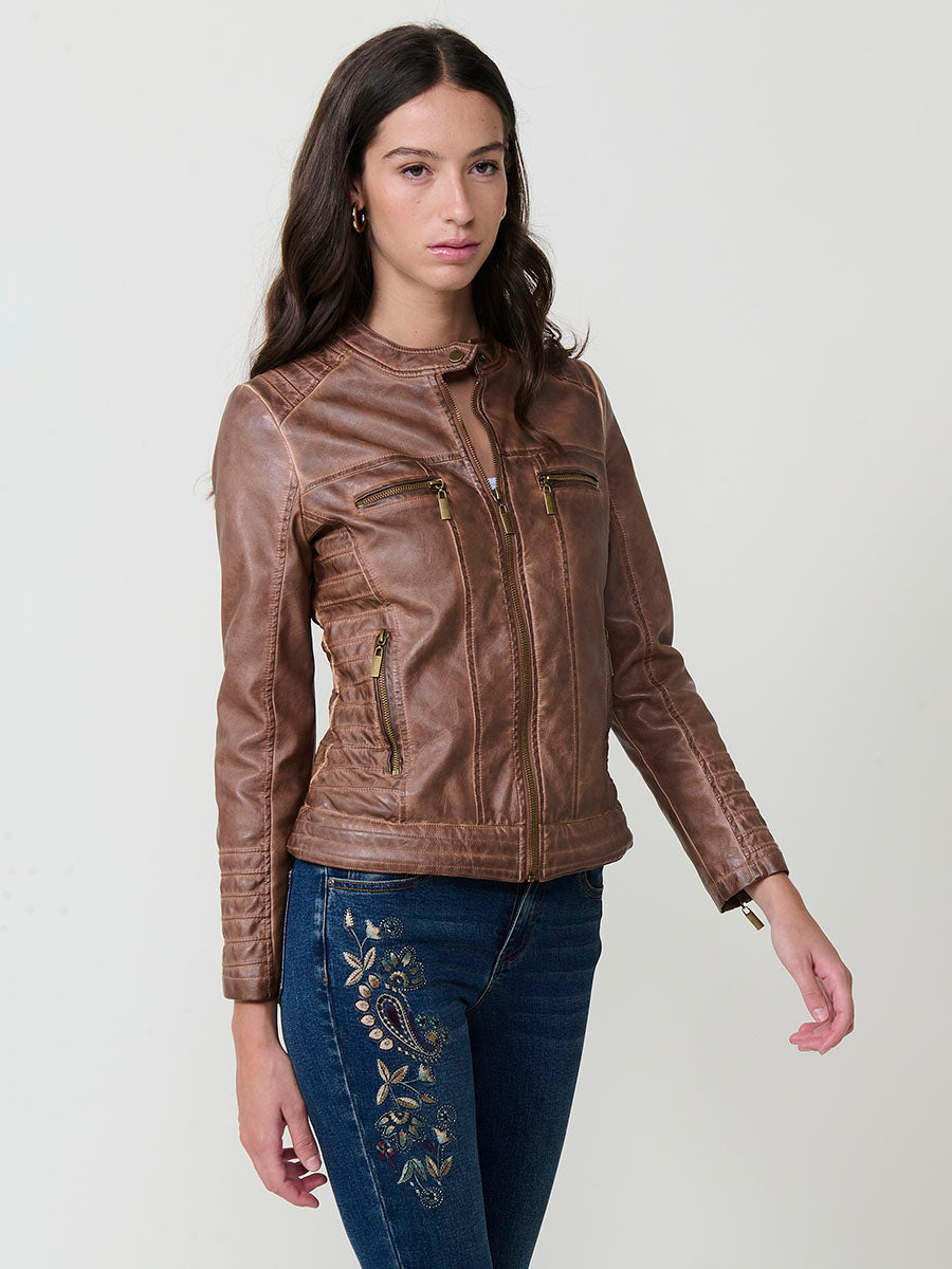 Chaqueta Biker Mujer Efecto Piel Acolchada Cuello Mao – Koroshi 2522JA16