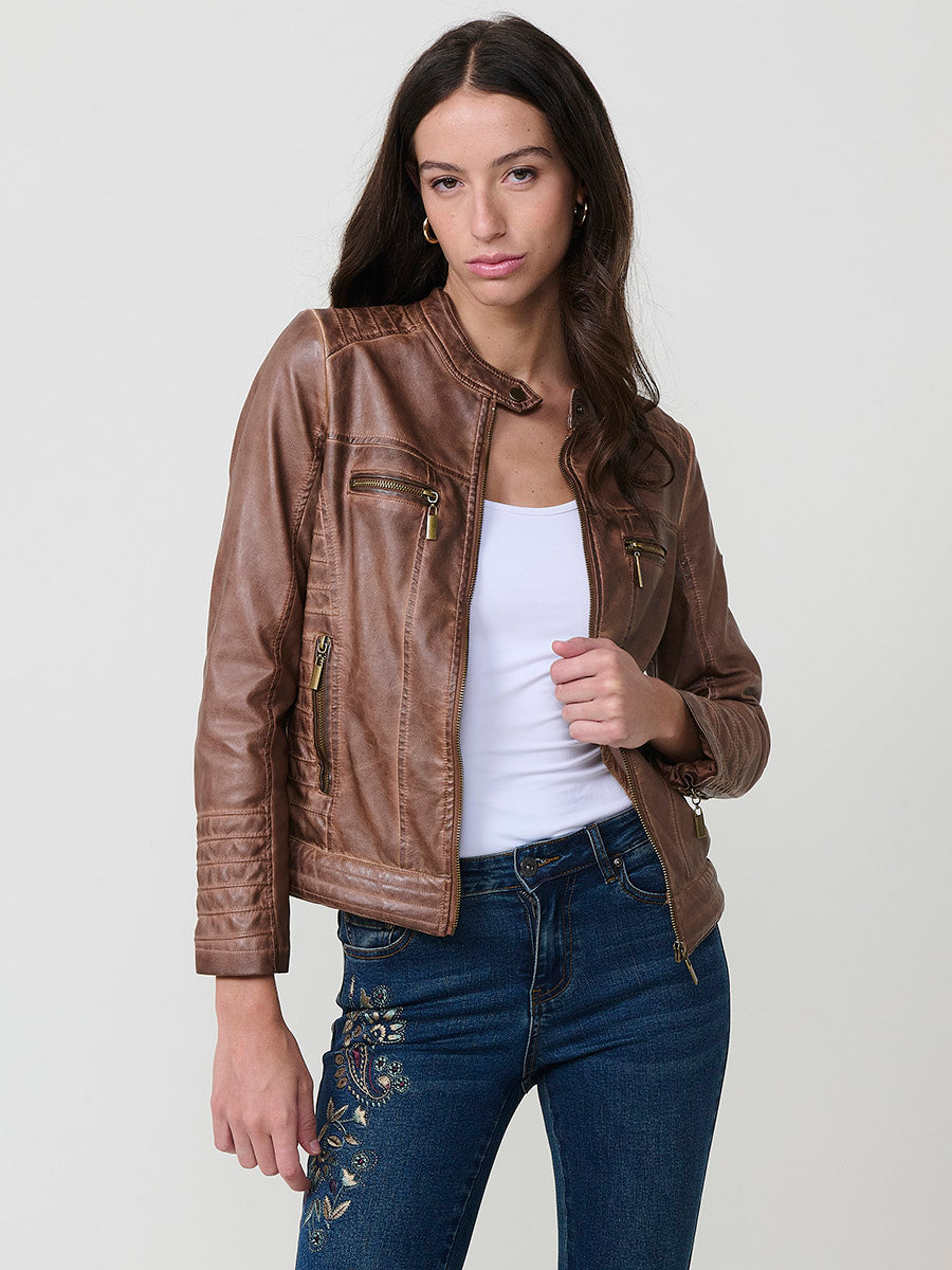 Chaqueta Biker Mujer Efecto Piel Acolchada Cuello Mao – Koroshi 2522JA16
