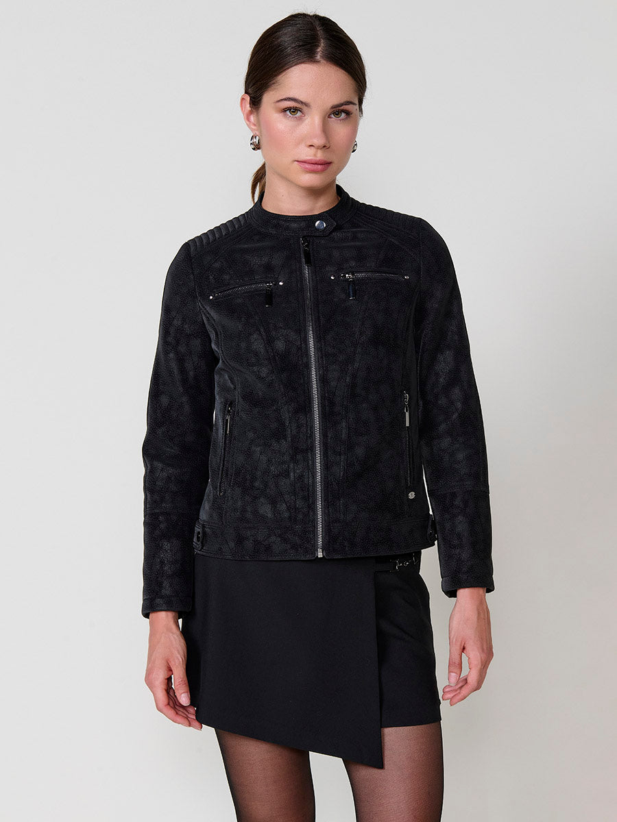 Chaqueta Biker Mujer Efecto Piel Cuello Mao – Koroshi Negro