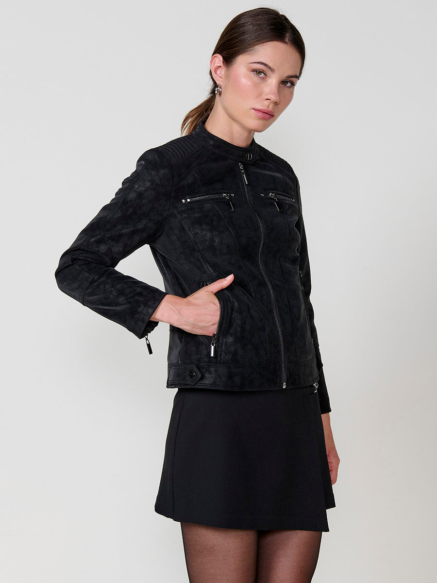 Chaqueta Biker Mujer Efecto Piel Cuello Mao – Koroshi Negro