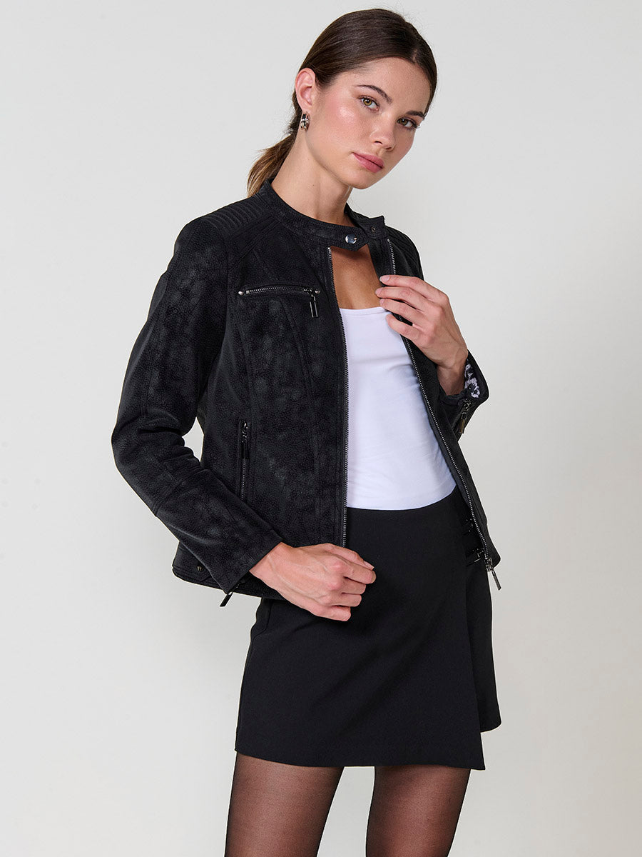 Chaqueta Biker Mujer Efecto Piel Cuello Mao – Koroshi Negro