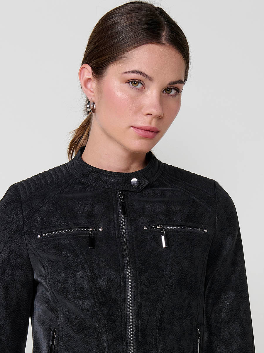 Chaqueta Biker Mujer Efecto Piel Cuello Mao – Koroshi Negro