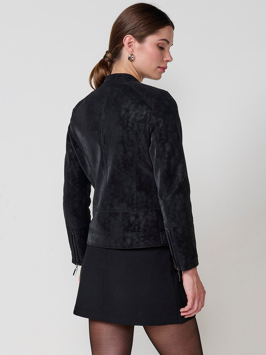 Chaqueta Biker Mujer Efecto Piel Cuello Mao – Koroshi Negro