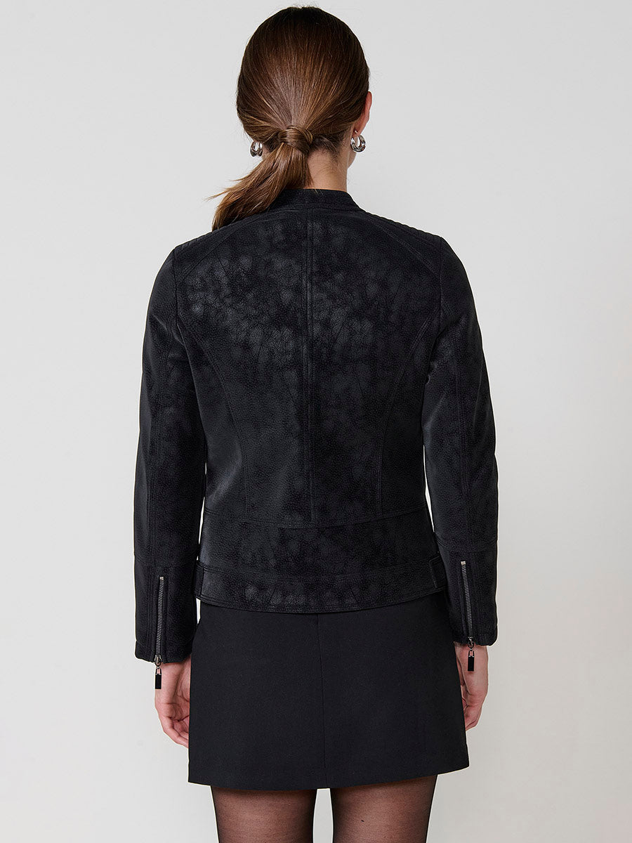 Chaqueta Biker Mujer Efecto Piel Cuello Mao – Koroshi Negro