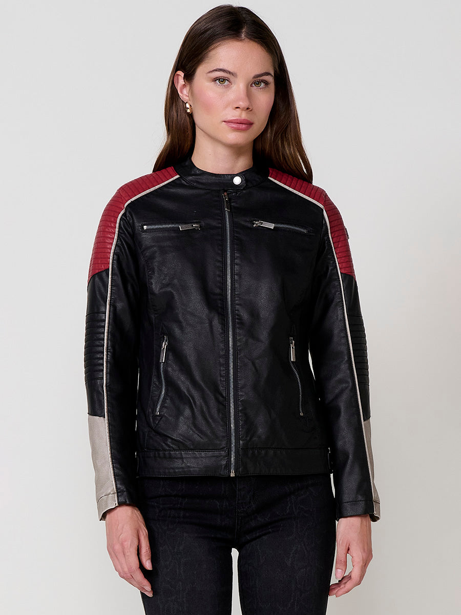 Chaqueta Biker Racer Mujer Efecto Piel Cuello Mao – Koroshi Negro