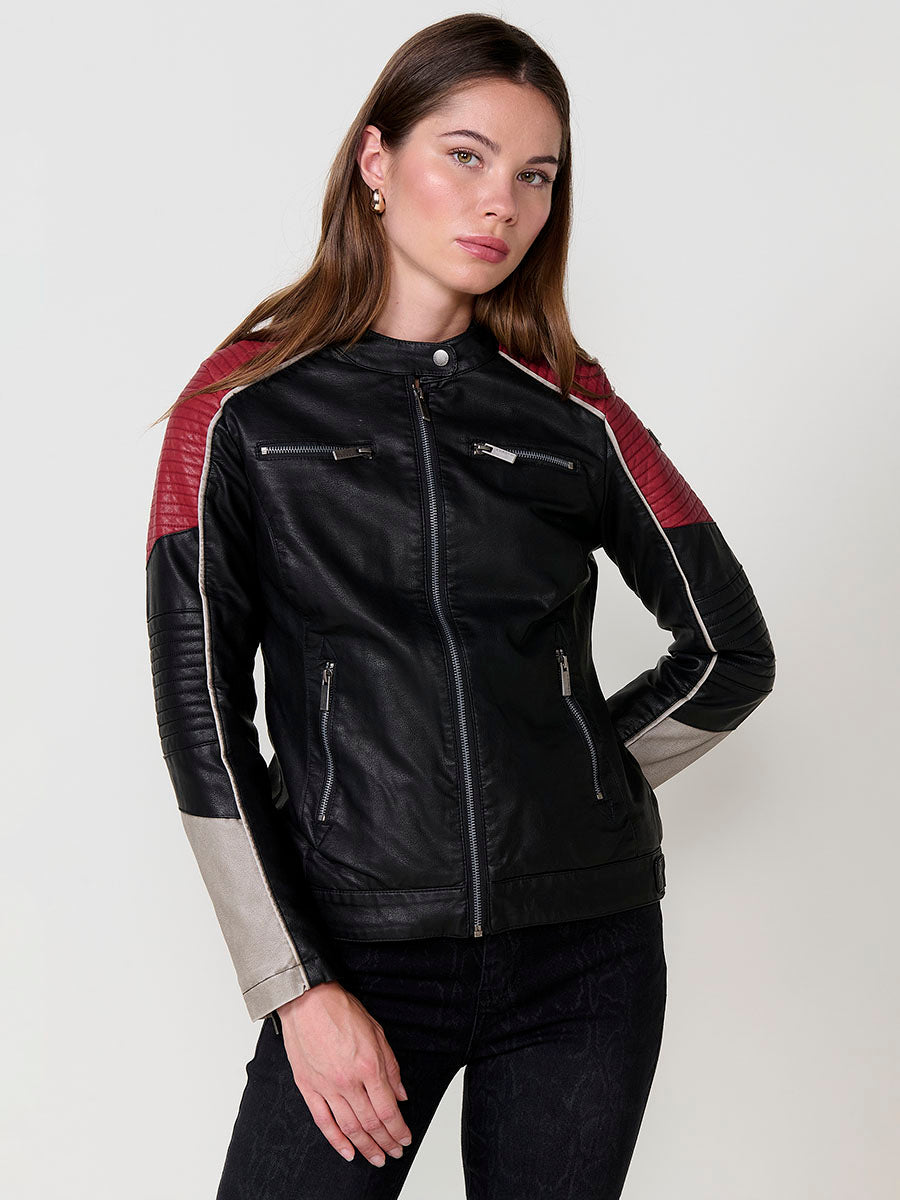 Chaqueta Biker Racer Mujer Efecto Piel Cuello Mao – Koroshi Negro