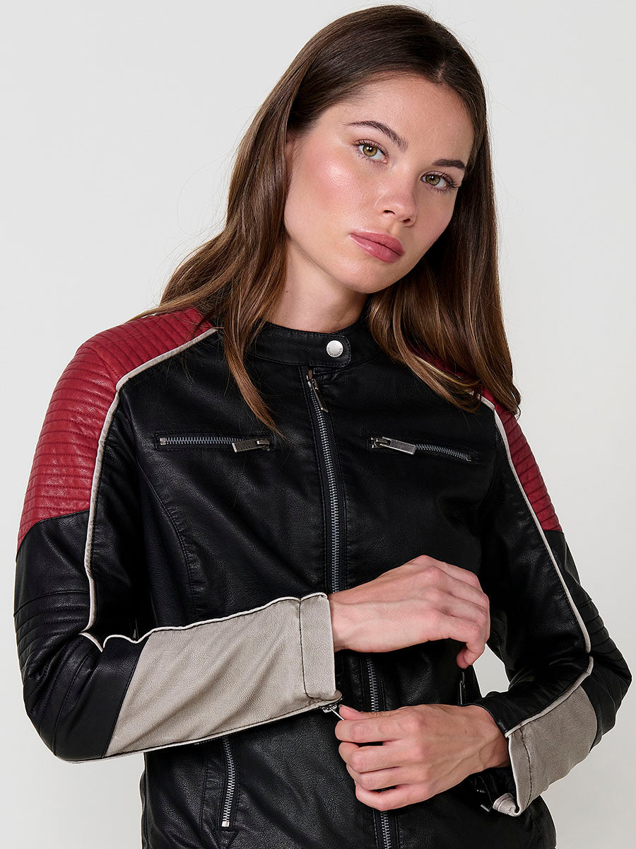 Chaqueta Biker Racer Mujer Efecto Piel Cuello Mao – Koroshi Negro