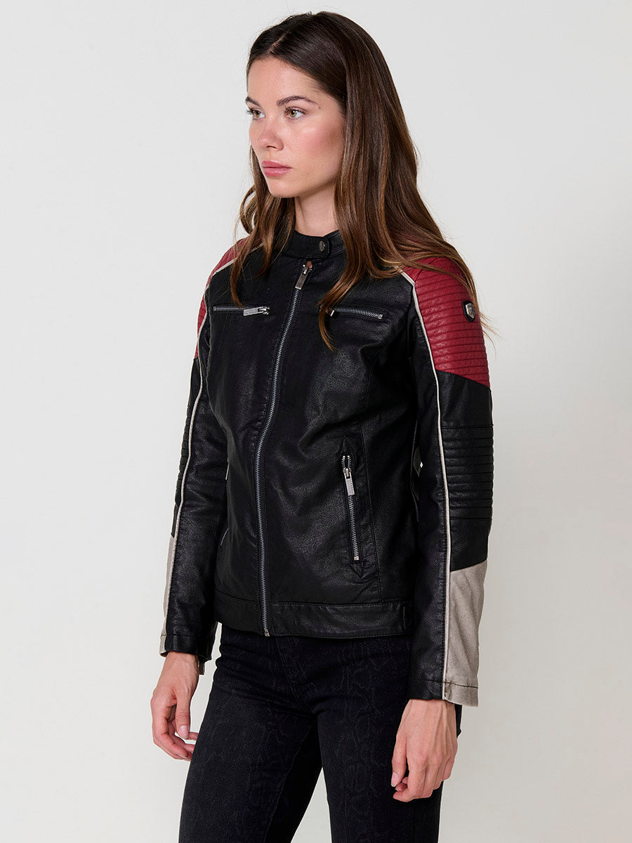 Chaqueta Biker Racer Mujer Efecto Piel Cuello Mao – Koroshi Negro