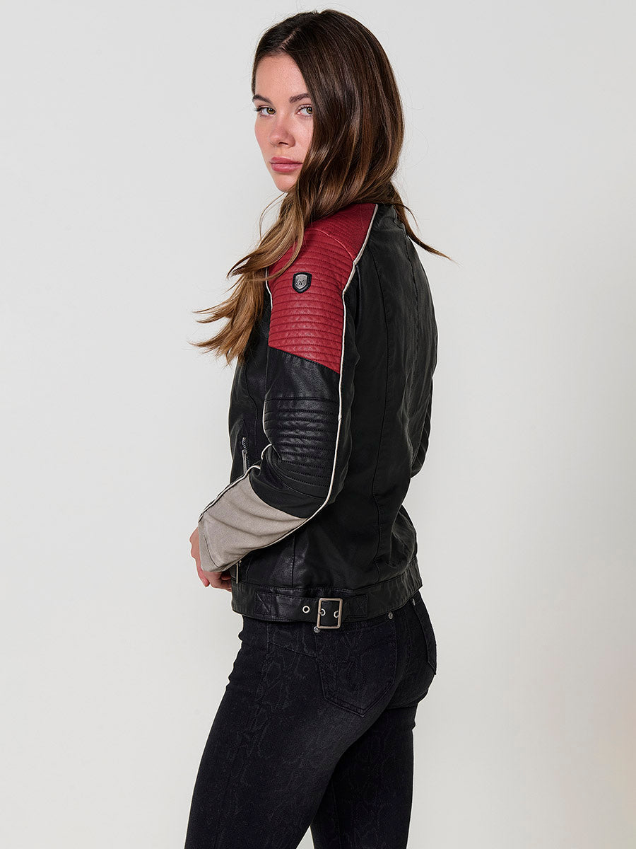 Chaqueta Biker Racer Mujer Efecto Piel Cuello Mao – Koroshi Negro