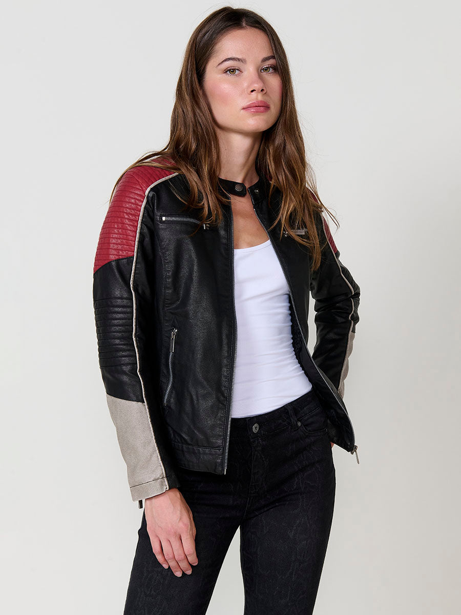 Chaqueta Biker Racer Mujer Efecto Piel Cuello Mao – Koroshi Negro