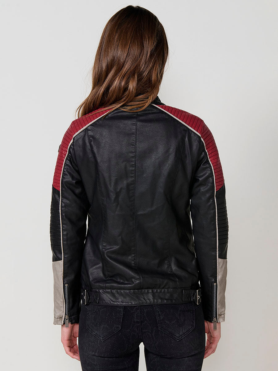Chaqueta Biker Racer Mujer Efecto Piel Cuello Mao – Koroshi Negro
