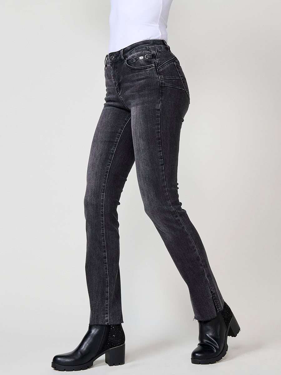 Pantalón Jeans Regular Push Up Mujer Bajos Deshilachados – Koroshi Negro