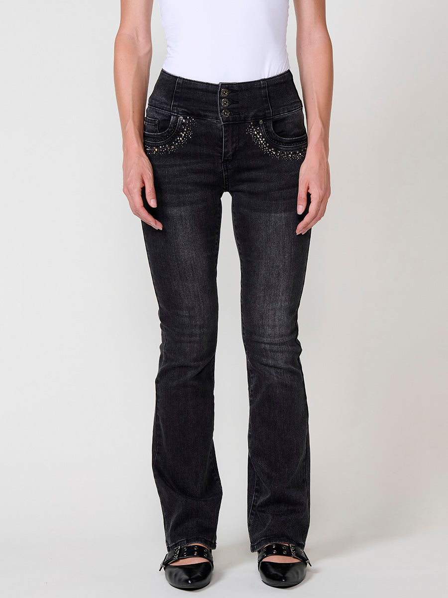 Jeans Boot Cut Mujer Corset Tachas Brillantes – Koroshi Negro