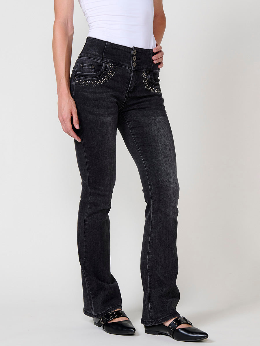 Jeans Boot Cut Mujer Corset Tachas Brillantes – Koroshi Negro