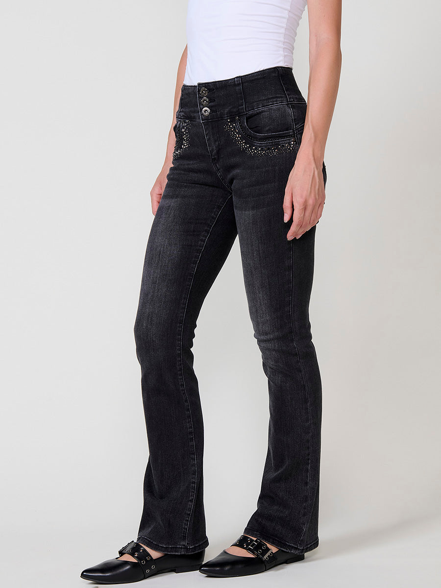 Jeans Boot Cut Mujer Corset Tachas Brillantes – Koroshi Negro
