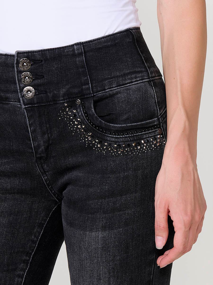 Jeans Boot Cut Mujer Corset Tachas Brillantes – Koroshi Negro