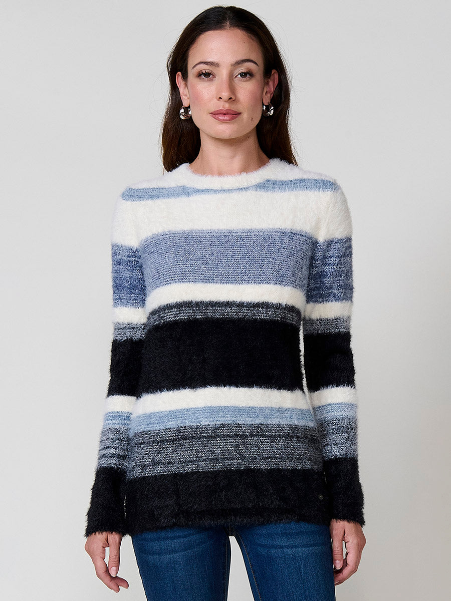 Jersey mujer de punto con pelo suave y rayas en tonos a juego