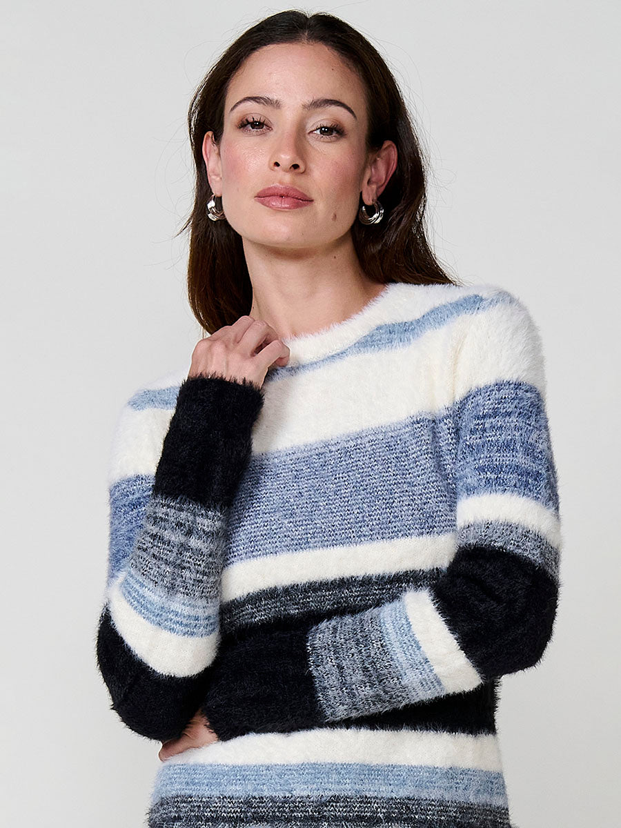 Jersey mujer de punto con pelo suave y rayas en tonos a juego