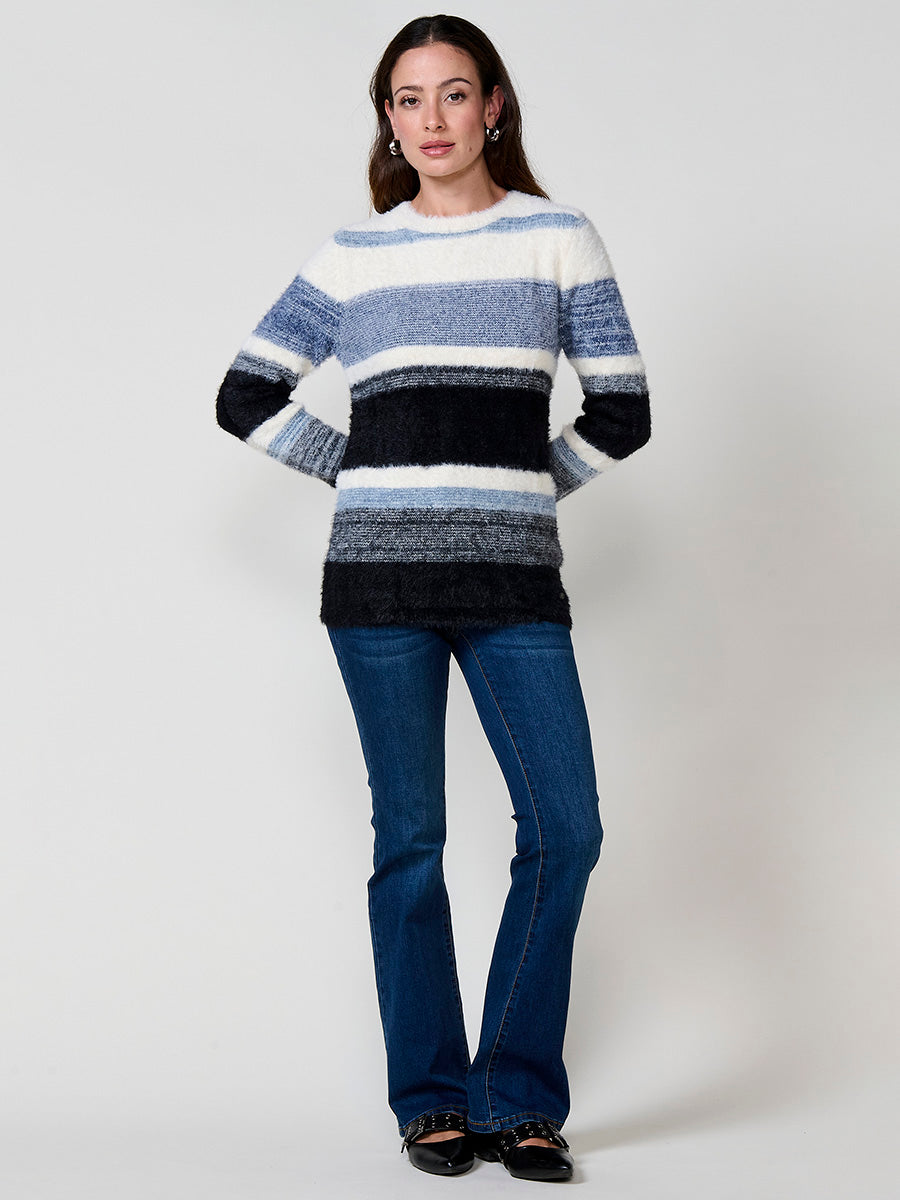 Jersey mujer de punto con pelo suave y rayas en tonos a juego