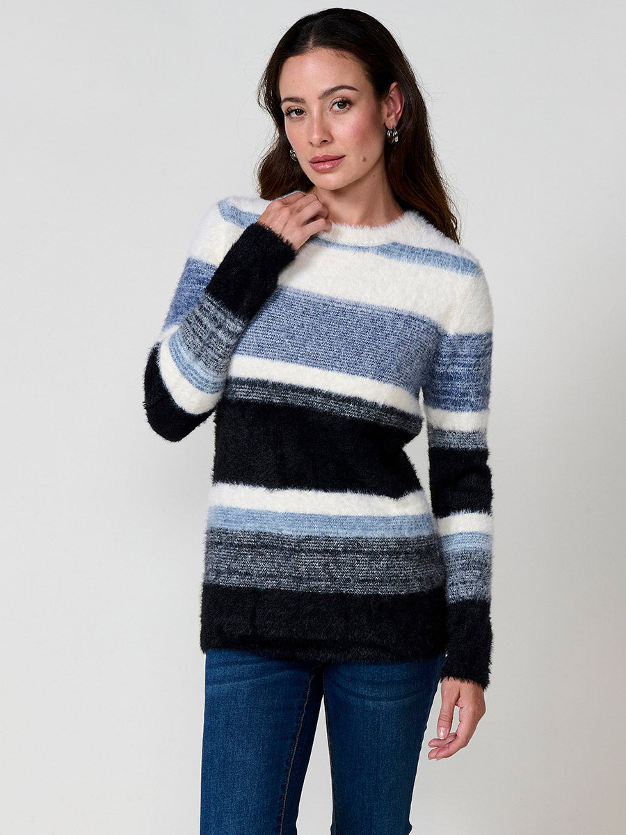 Jersey mujer de punto con pelo suave y rayas en tonos a juego
