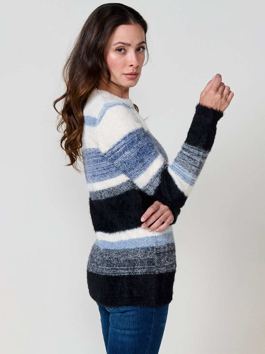 Jersey mujer de punto con pelo suave y rayas en tonos a juego