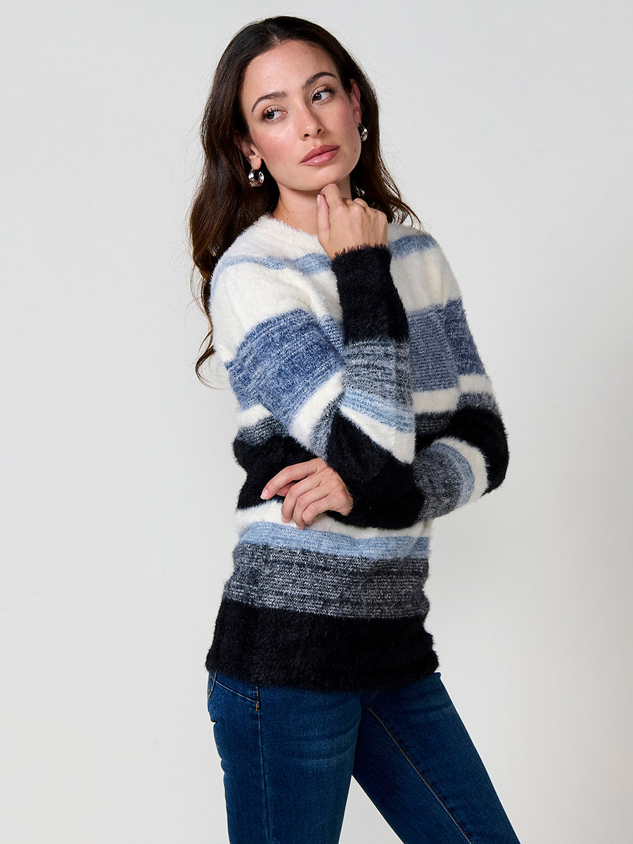 Jersey mujer de punto con pelo suave y rayas en tonos a juego