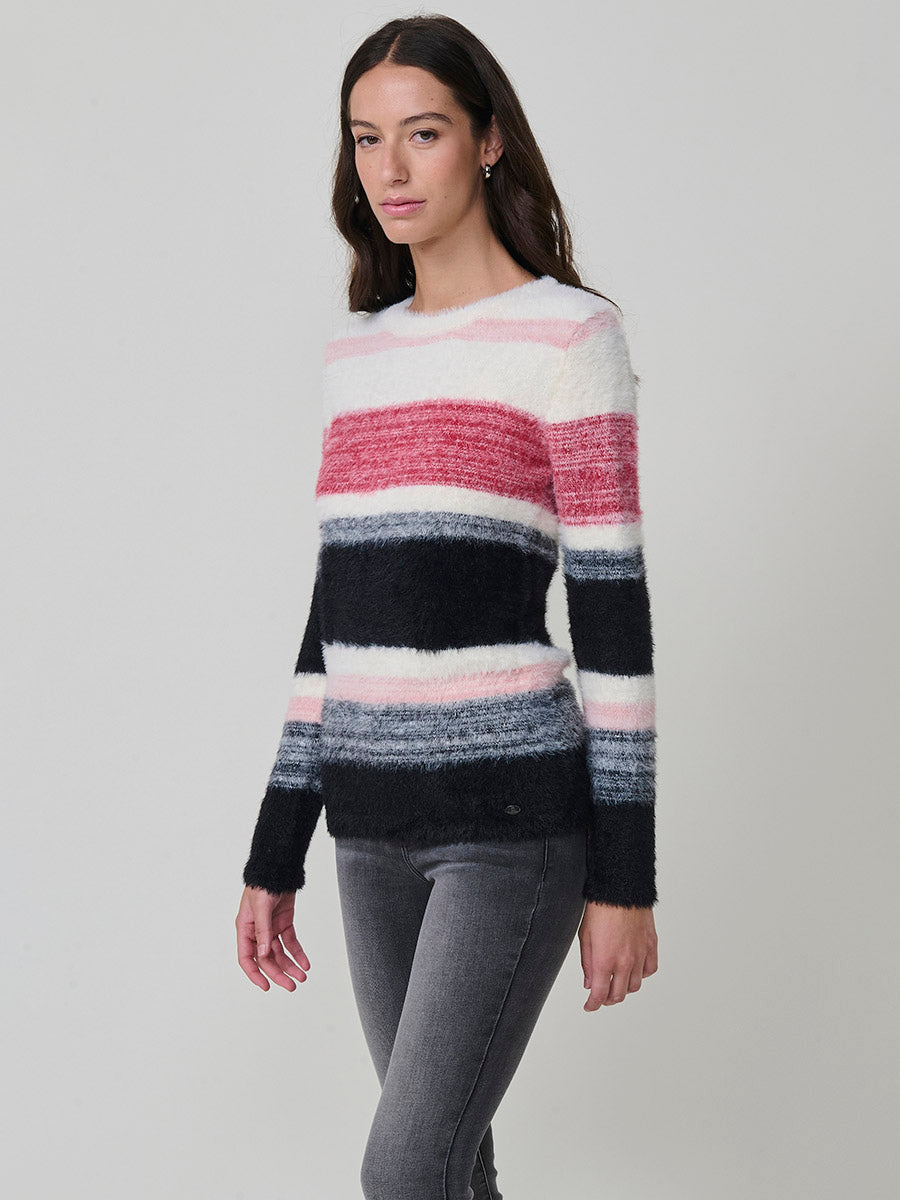 Jersey mujer de punto con pelo suave y rayas en tonos a juego