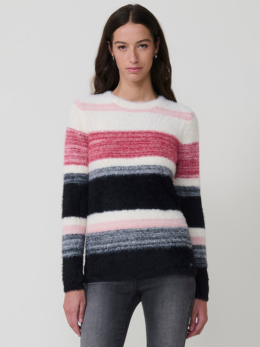 Jersey mujer de punto con pelo suave y rayas en tonos a juego