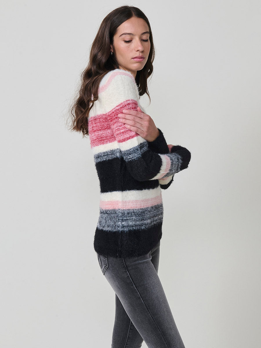 Jersey mujer de punto con pelo suave y rayas en tonos a juego