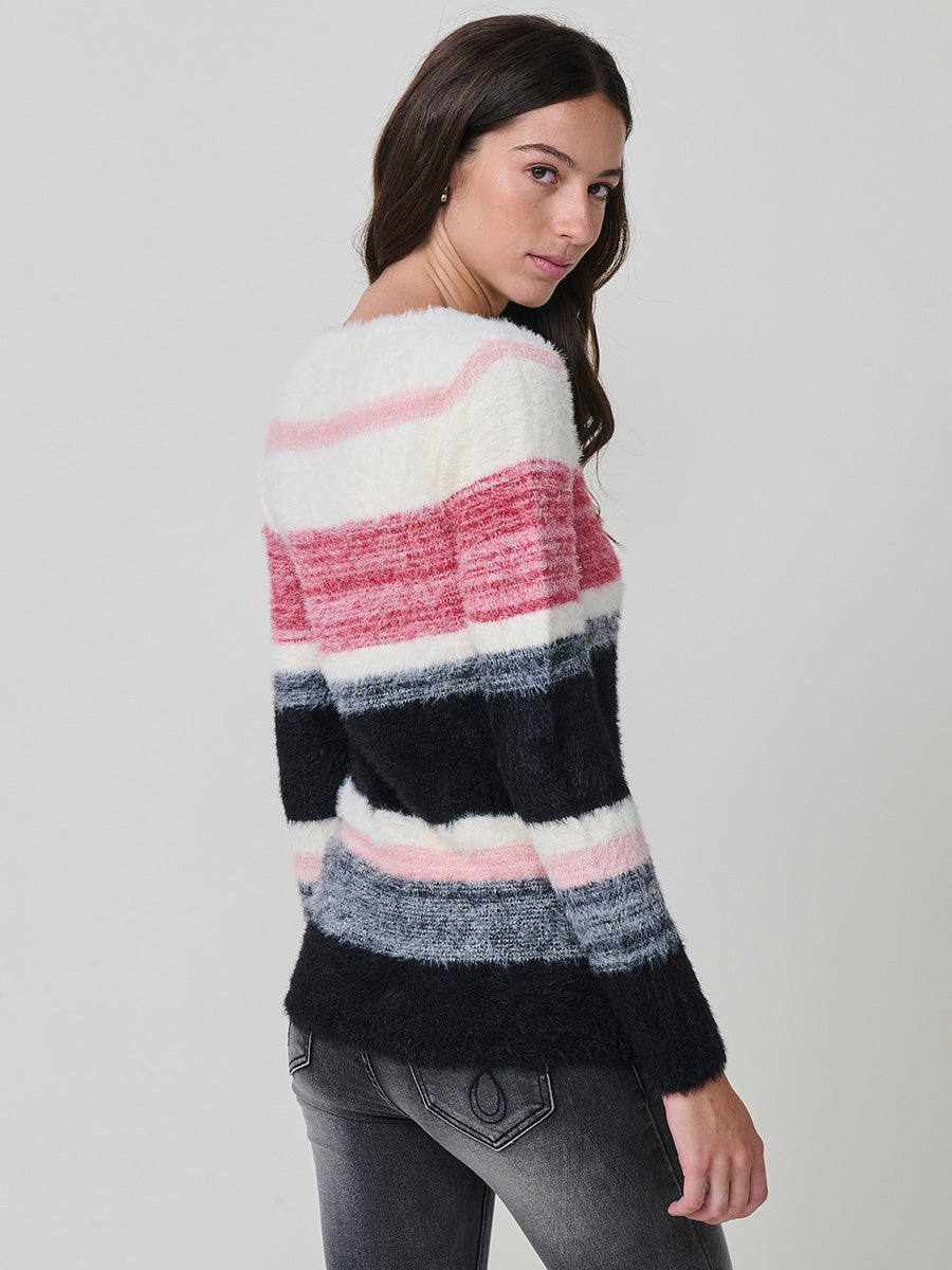 Jersey mujer de punto con pelo suave y rayas en tonos a juego