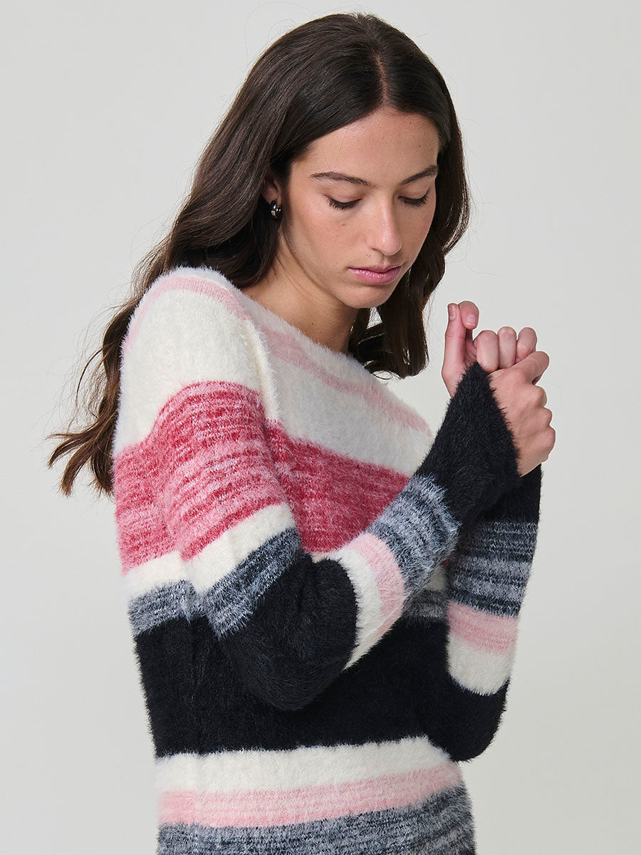 Jersey mujer de punto con pelo suave y rayas en tonos a juego